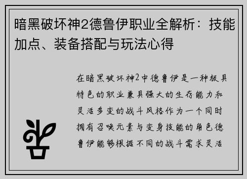 暗黑破坏神2德鲁伊职业全解析：技能加点、装备搭配与玩法心得